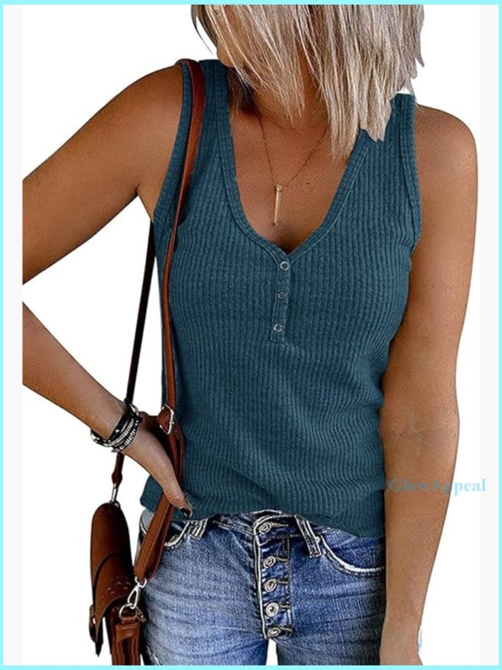 Slim Fit Ribbed V-Neck Tank Top with Button Detail, Lightweight Summer Top